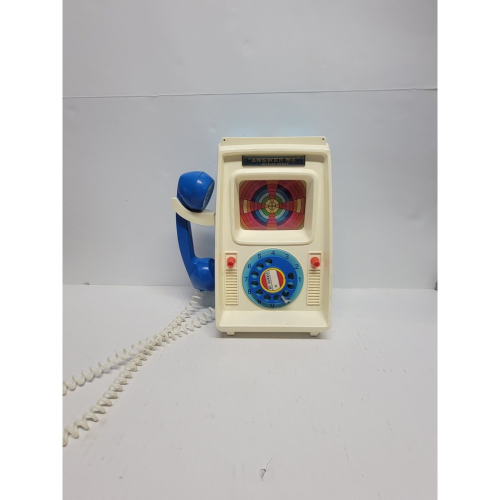 Vintage Answer Me Picture Phone Toy Retro Rotary Dial Blue Cream 1970s